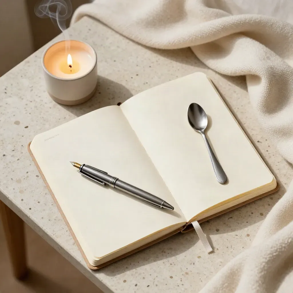 Quaderno di gratitudine aperto con penna e candela su comodino, luce soffusa e fumo sottile.