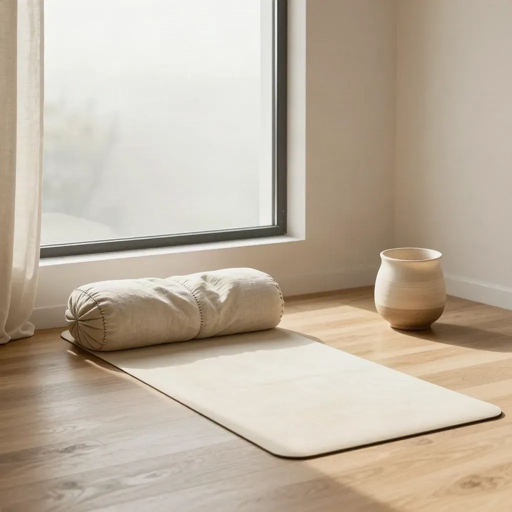 Angolo yoga con tappetino, bolster e timer in argilla vicino a una finestra luminosa.
