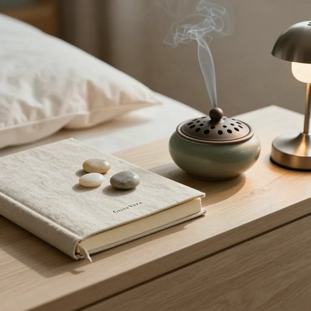 Comodino con quaderno chiuso, pietre lisce e bruciatore d'incenso nella luce soffusa