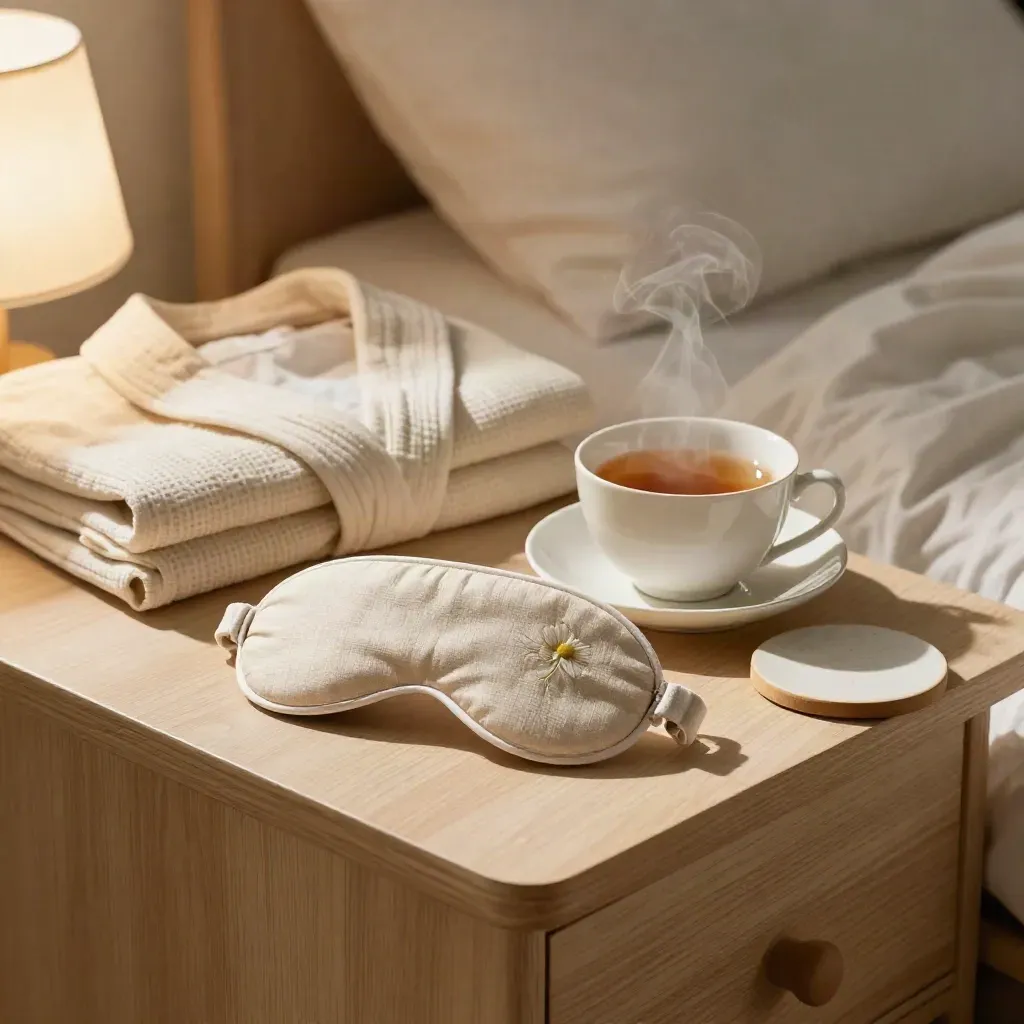 Maschera occhi in lino, tisana di camomilla e libro chiuso sul comodino prima di dormire.