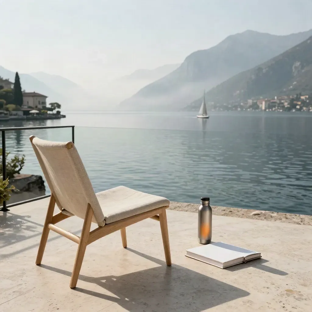 Terrazza sul Lago di Garda all’alba con sedia in lino, journal e borraccia termica.