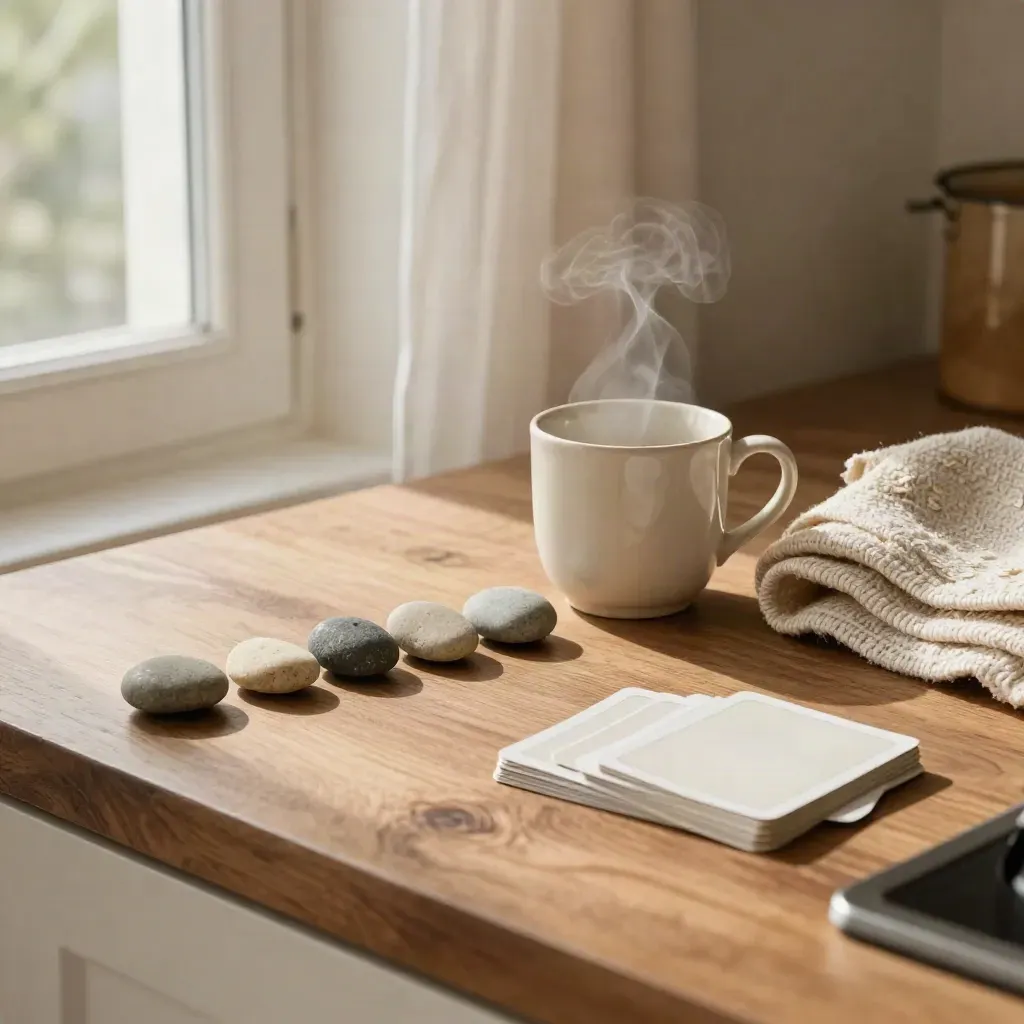 Angolo cucina con sette ciottoli, tazza in ceramica, coperta piegata e carte rovesciate.