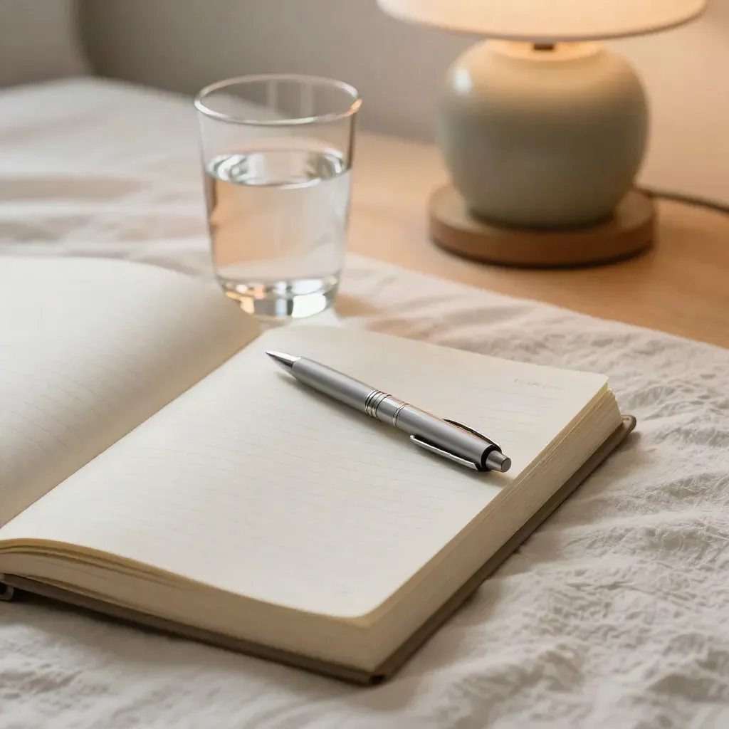 Comodino serale con journal aperto, penna, bicchiere d’acqua e lampada bassa
