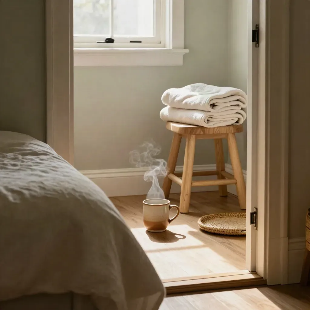 Angolo mattutino con tazza fumante, letto sfatto e sgabello in legno