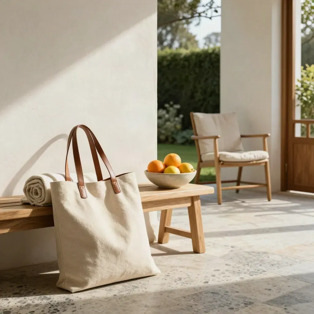 Portico luminoso con sedia, tote bag, coperta arrotolata e ciotola di agrumi verso il giardino