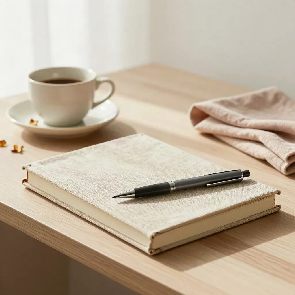 Quaderno in lino, penna grafite e tazza in ceramica su scrivania in rovere chiaro, luce morbida