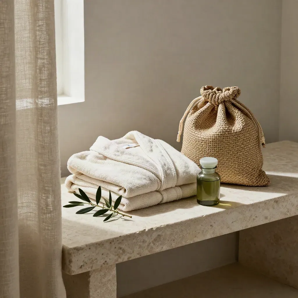 Vestaglia spa, borsa intrecciata, vasetto e ramo d’olivo su panca vicino a tenda di lino.