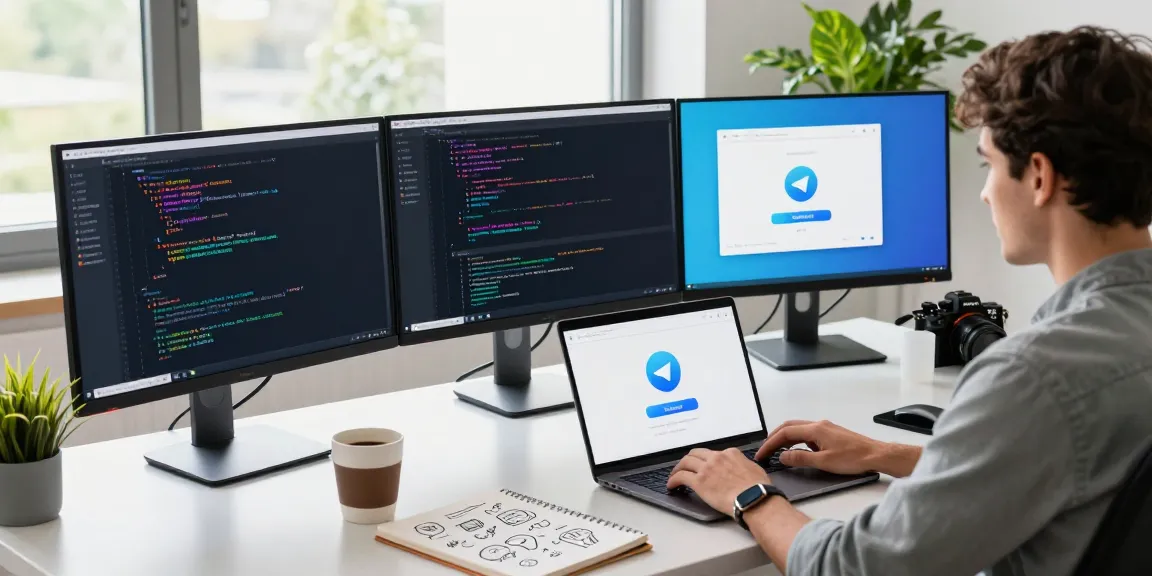 Download Telegram with a developer coding at a modern workspace, showcasing a vibrant tech atmosphere.