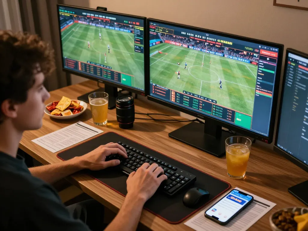 Engaged online sports betting player strategizing with sc88.com app at stylish home setup
