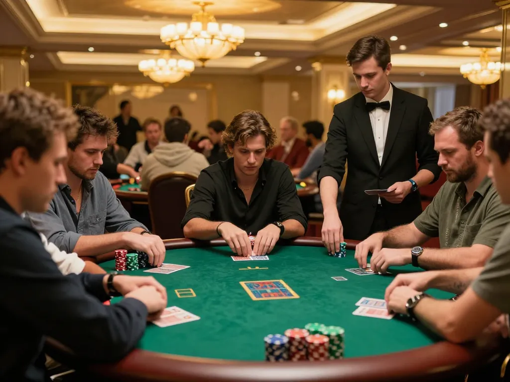 Players intensively strategizing during a high-stakes poker game at ee88 casino, vibrant chips and cards in action