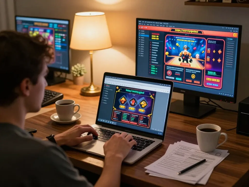 Engaged player strategizing on laptop at https://suncity.global/ online casino with vibrant game screens.