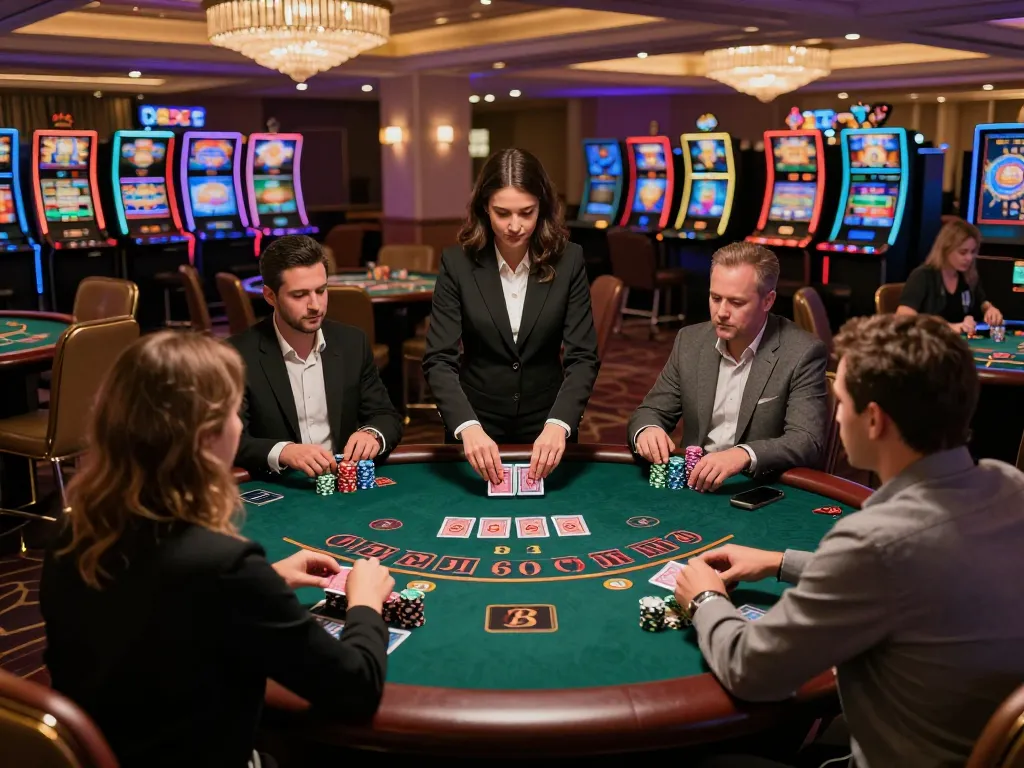 DABET players engaging in a thrilling blackjack game with chips piled at elegant casino table.