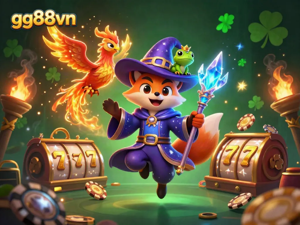 Spin the lucky reels at gg88vn in this vibrant casino scene featuring a magical fox wizard.