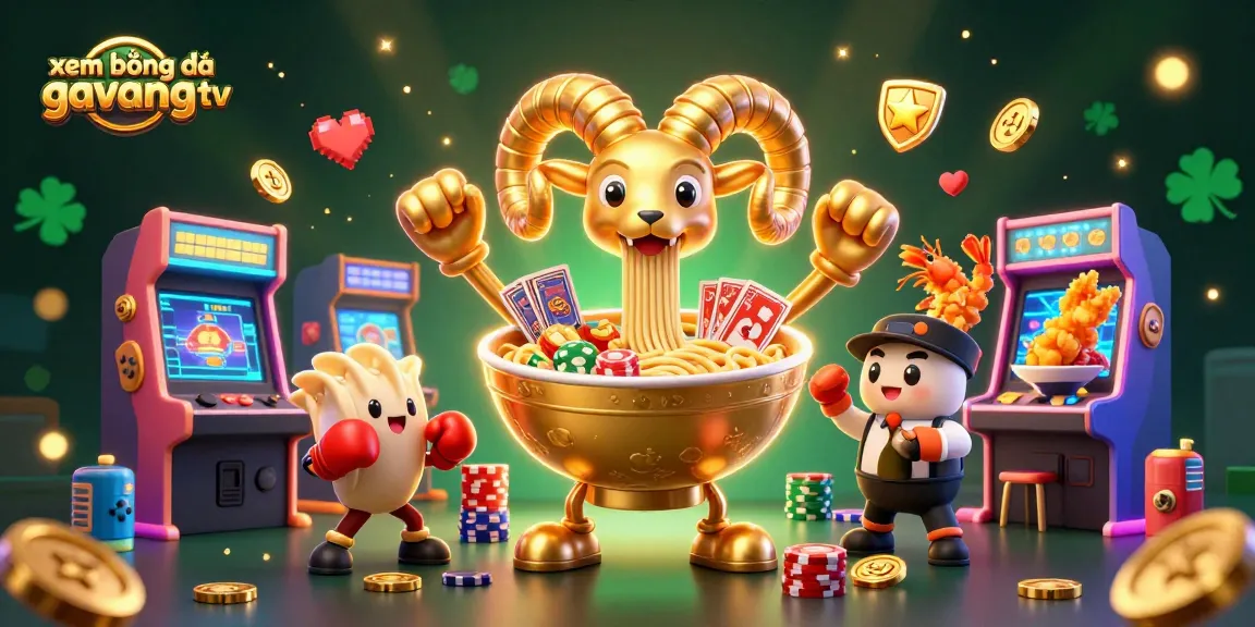 Engage in xem bóng đá gavangtv with vibrant casino elements featuring a giant ramen bowl, cheerful sushi, and gyoza.