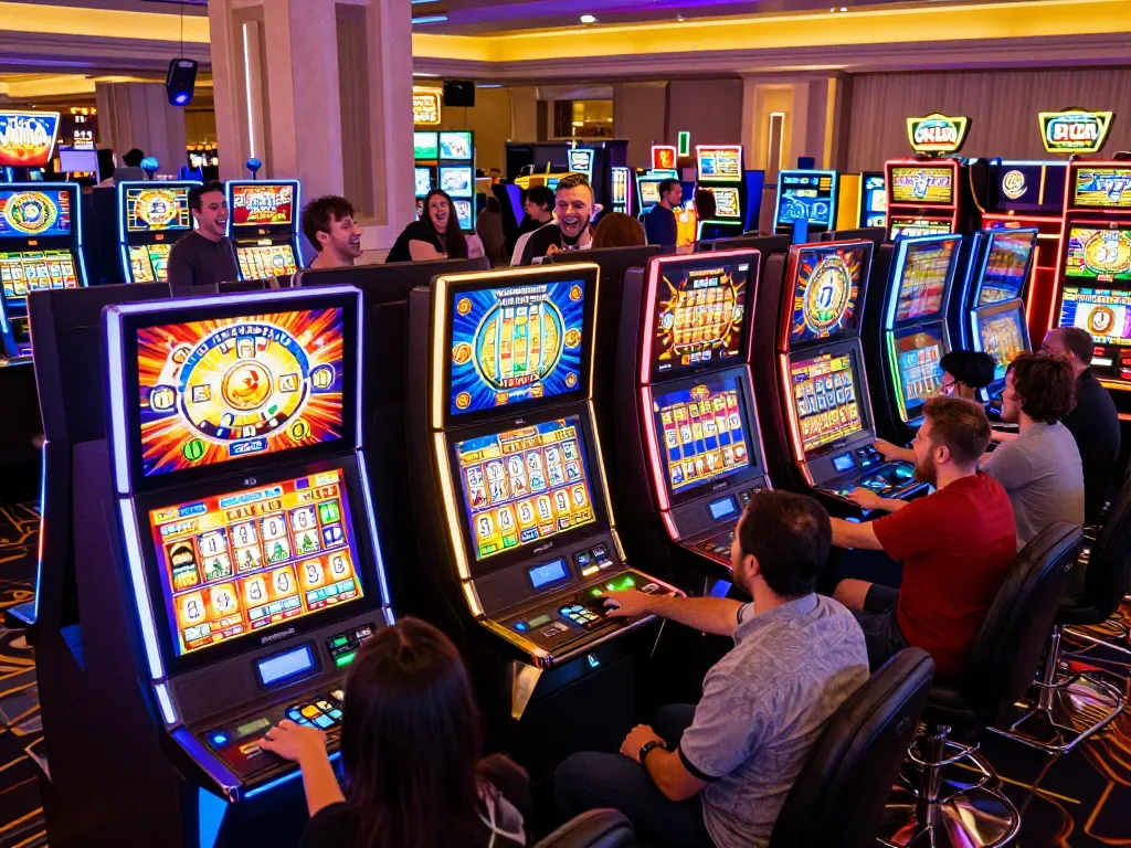 Hitclub players celebrating wins at vibrant slot machines in a bustling casino.