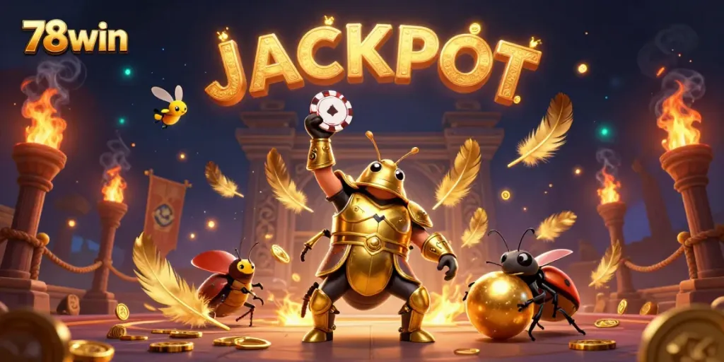 Win big with 78win as a heroic beetle celebrates victory amid dazzling casino elements.