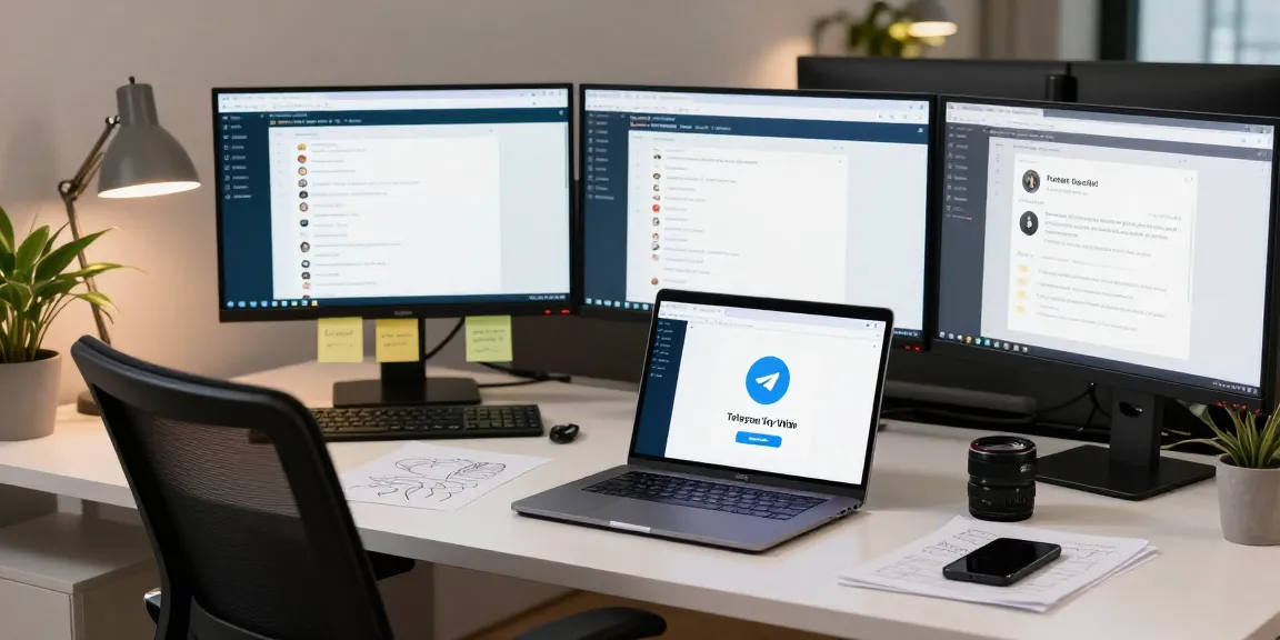 Engaging with the Telegram Web Version in a modern office workspace with multiple screens.