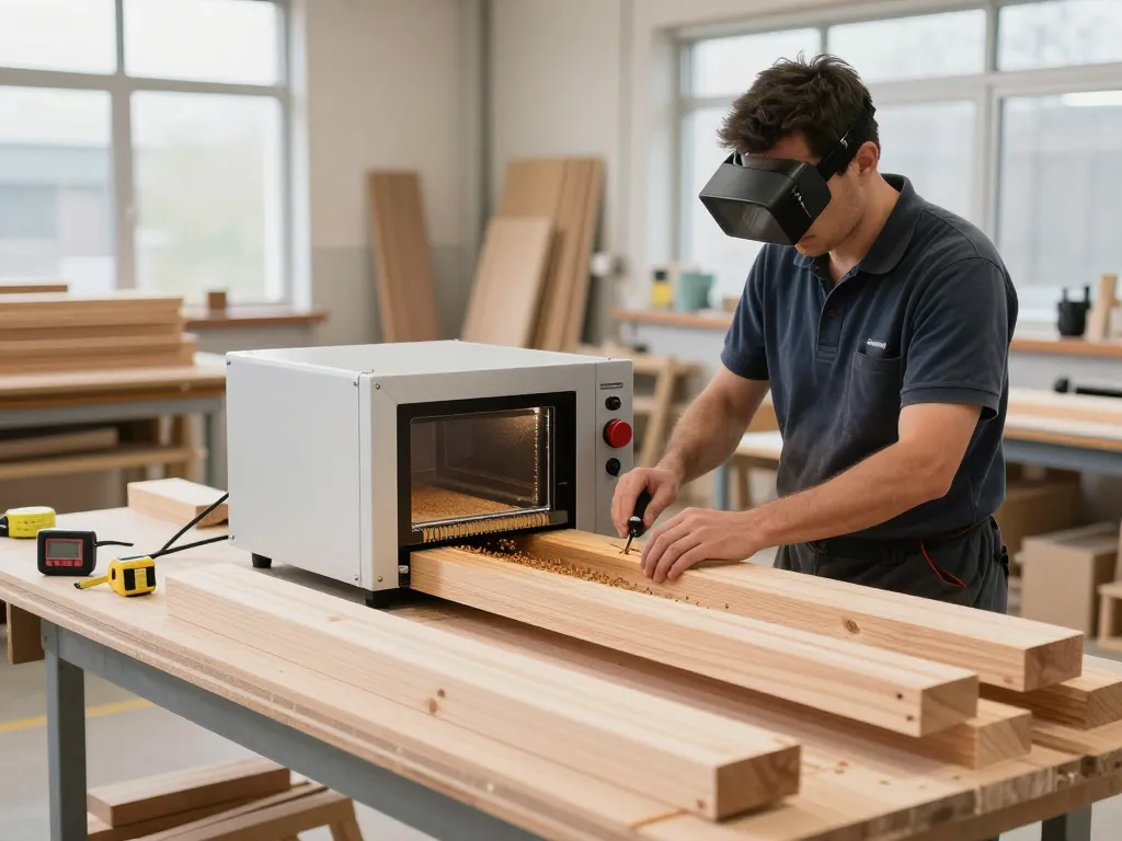 Tecnico professionista che esegue trattamento microonde antitarlo in un luminoso laboratorio per eliminare i tarli del legno.