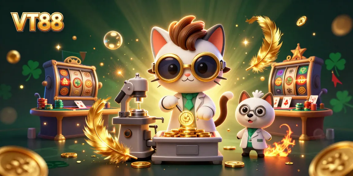 VT88 combines excitement as the mad scientist cat creates casino riches in a dynamic illustration.