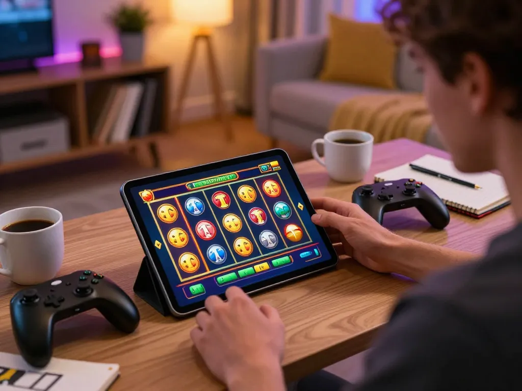 Engaging in online gaming at https://www.mnm88.com/ with vibrant slot game graphics on screen in a cozy home setup