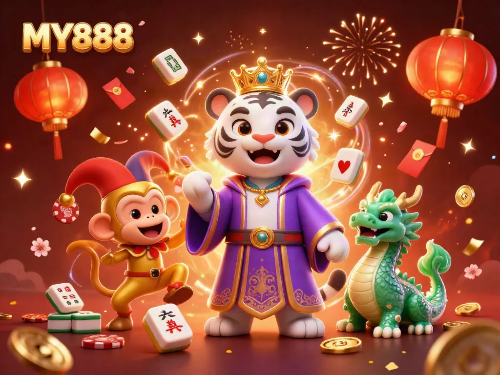 Engage in exciting games and promotions at MY888 with a vibrant casino-themed illustration showing playful characters.