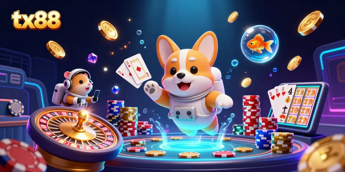 tx88 celebrates a thrilling casino experience with an astronaut corgi amidst floating chips and lively game elements.