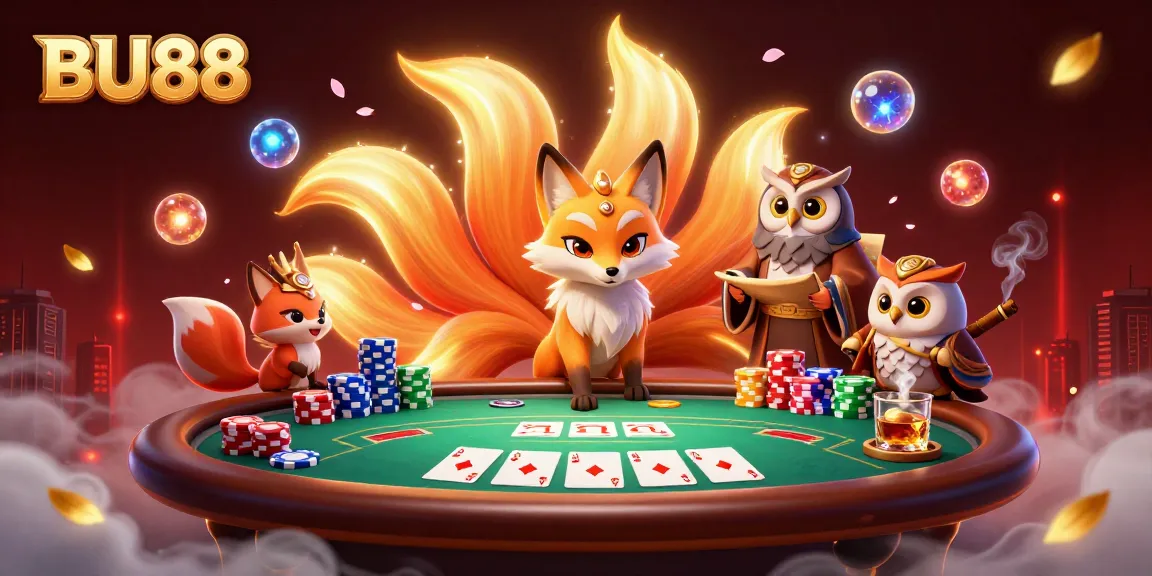 Join the colorful action of BU88 poker with glowing fox spirit and wise owl sage.