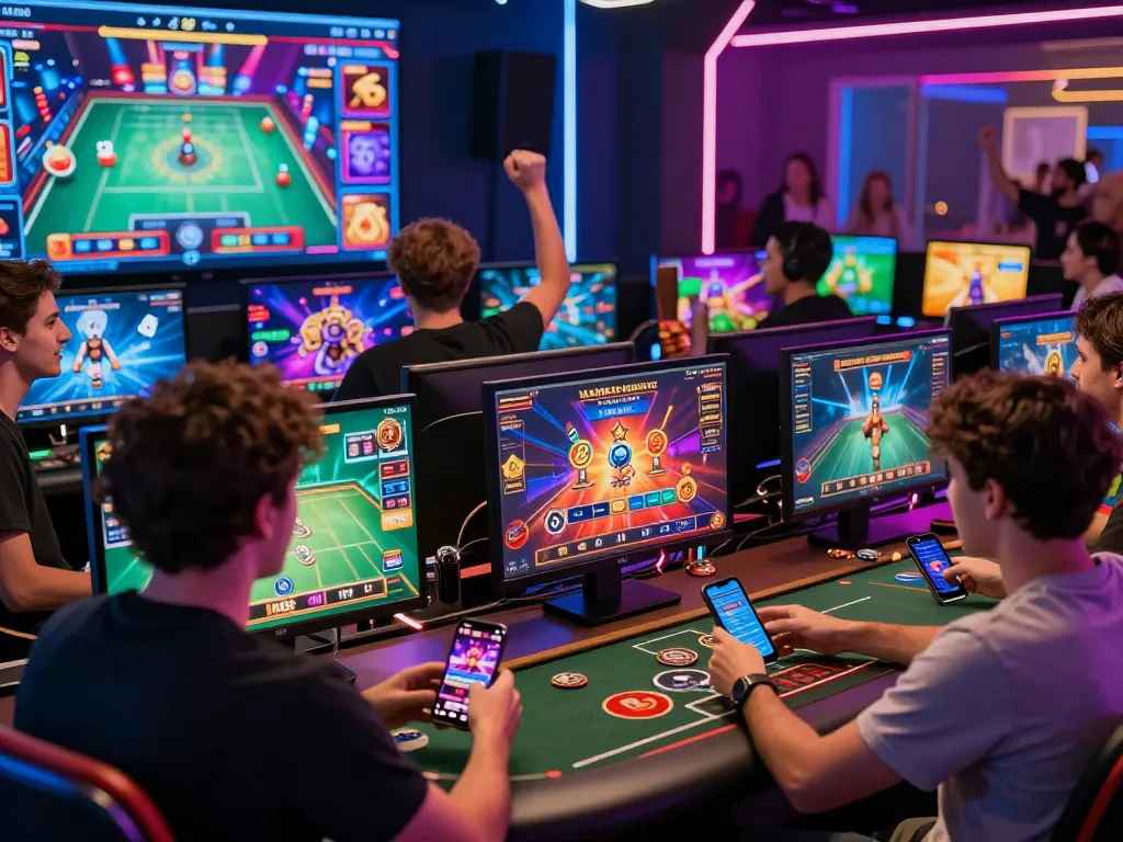 Hitclub online gaming scene with players enjoying poker and slots in vibrant atmosphere.