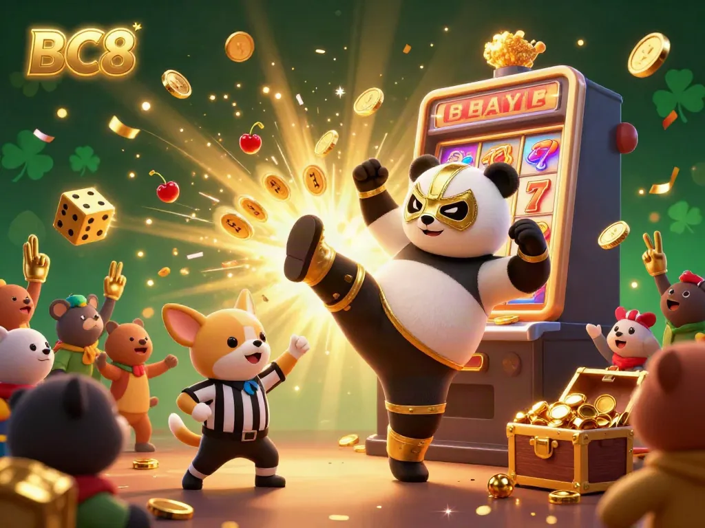 Experience thrilling gaming with BC8, featuring a lively panda wrestler, jackpot slots, and animal fans in a vibrant casino scene.