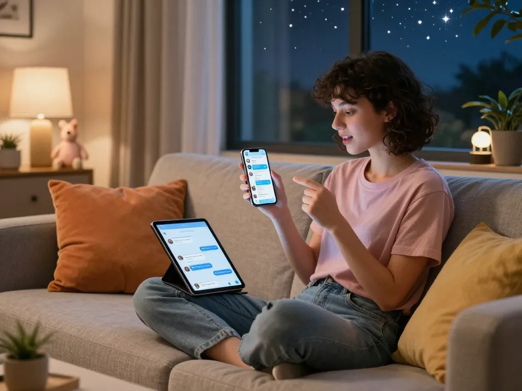 Engaging sexting AI conversation scene, cozy living room with tech gadgets and soft lighting.