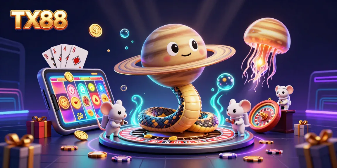 Experience dynamic gambling action with TX88 in this colorful 3D casino scene featuring a roulette wheel and playful characters.