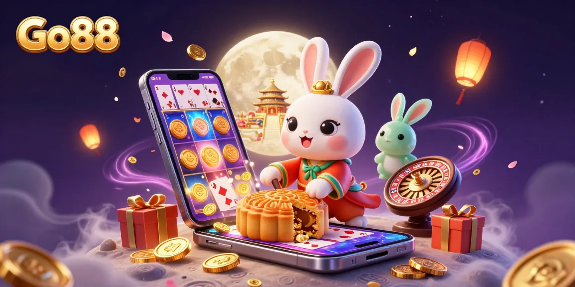 Experience top gaming with Go88 in a dynamic moonlit casino scene featuring vibrant slot games and poker chips.