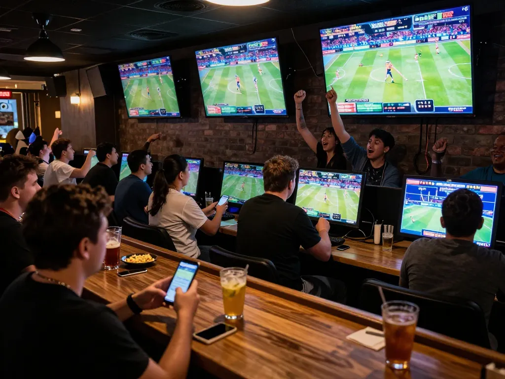 Engaged patrons placing bets on DEBET platform in a lively sports bar.