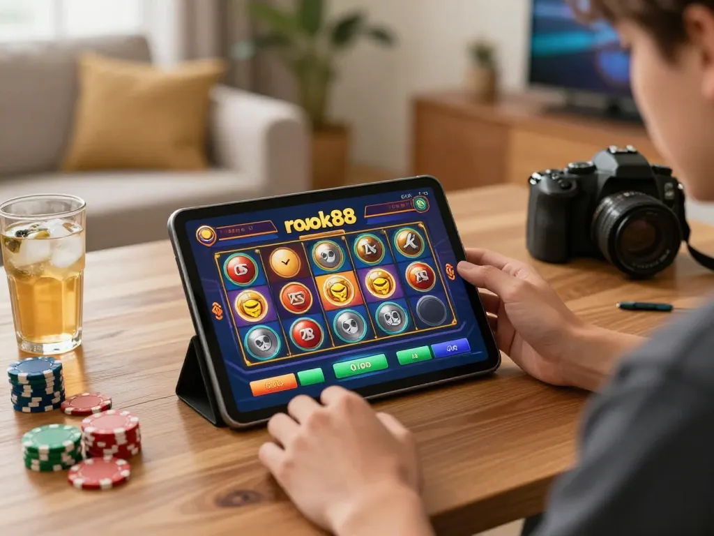 Engaging in rokok88 slot gameplay on a tablet in a cozy home setting.