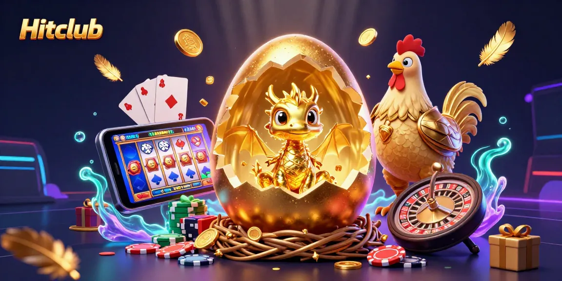 Hitclub offers exhilarating gaming with a golden dragon and poker chips in a vibrant 3D casino scene.