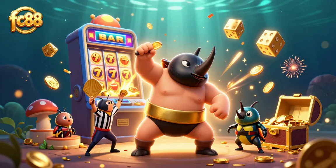 fc88 gaming scene with cartoon beetles and casino elements, celebrating jackpots and excitement.