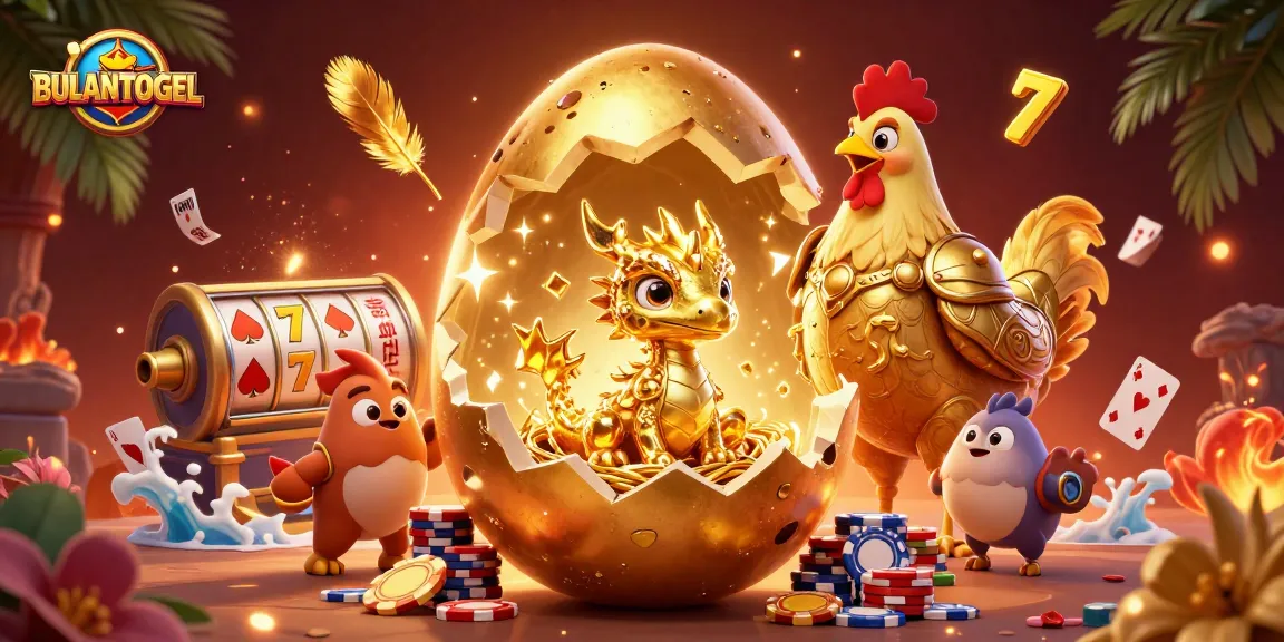 Engage with BULANTOGEL's golden dragon reveal amidst exciting casino elements in a vibrant 3D illustration.
