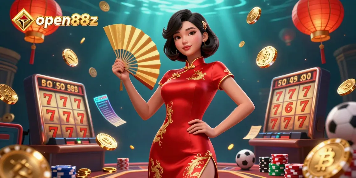 Experience thrilling gaming with open88z as an Asian woman celebrates fortune in a casino ambiance, surrounded by slots and crypto coins.