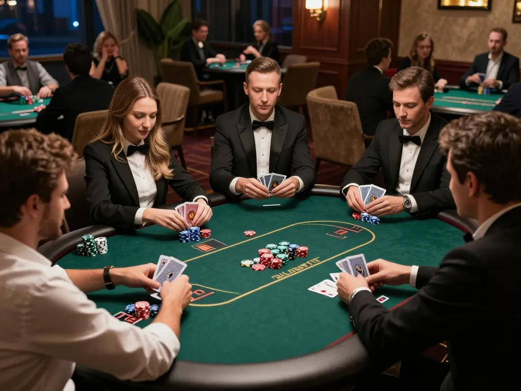 Players strategizing during an intense hand of poker at KU88's elegant gaming setup.