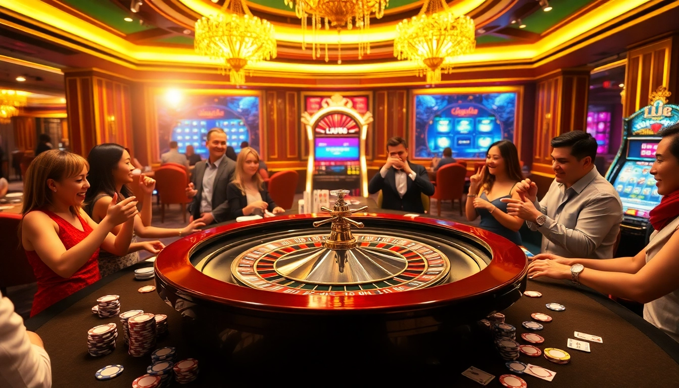 Exciting gamblers winning at Nhà cái Lu88 in a luxurious casino environment.