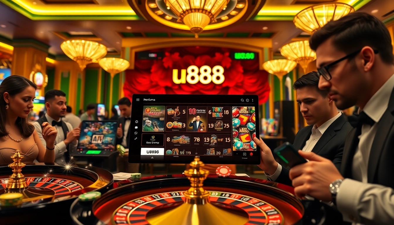 Exciting u888 online casino interface with vibrant games, roulette wheel, and poker chips.
