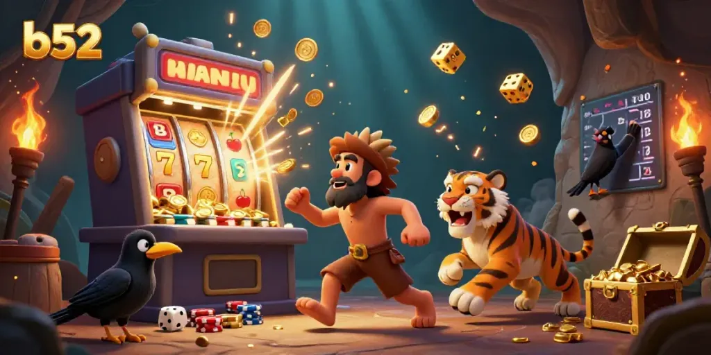 Play exciting games at b52, featuring a lively prehistoric casino with dynamic slot machine action.