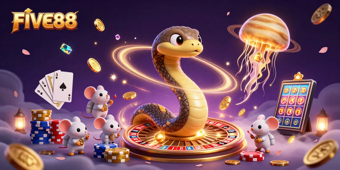 Experience the excitement of FIVE88 with a vibrant 3D cosmic casino scene full of energy and detail.