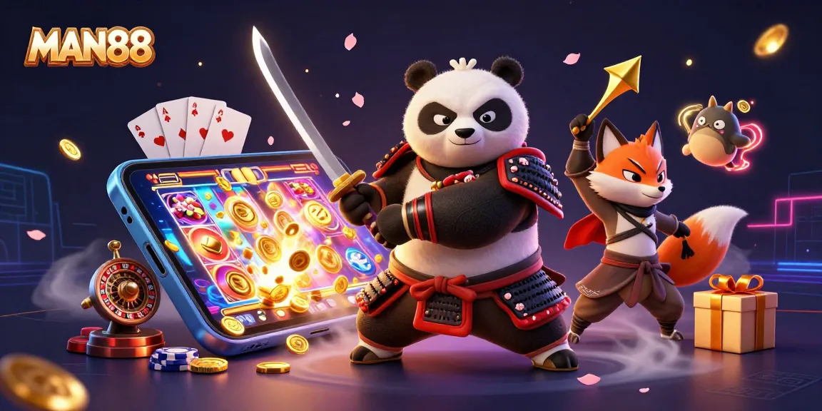 Experience thrilling gameplay with MAN88's vibrant 3D casino scene featuring samurai panda and ninja fox.