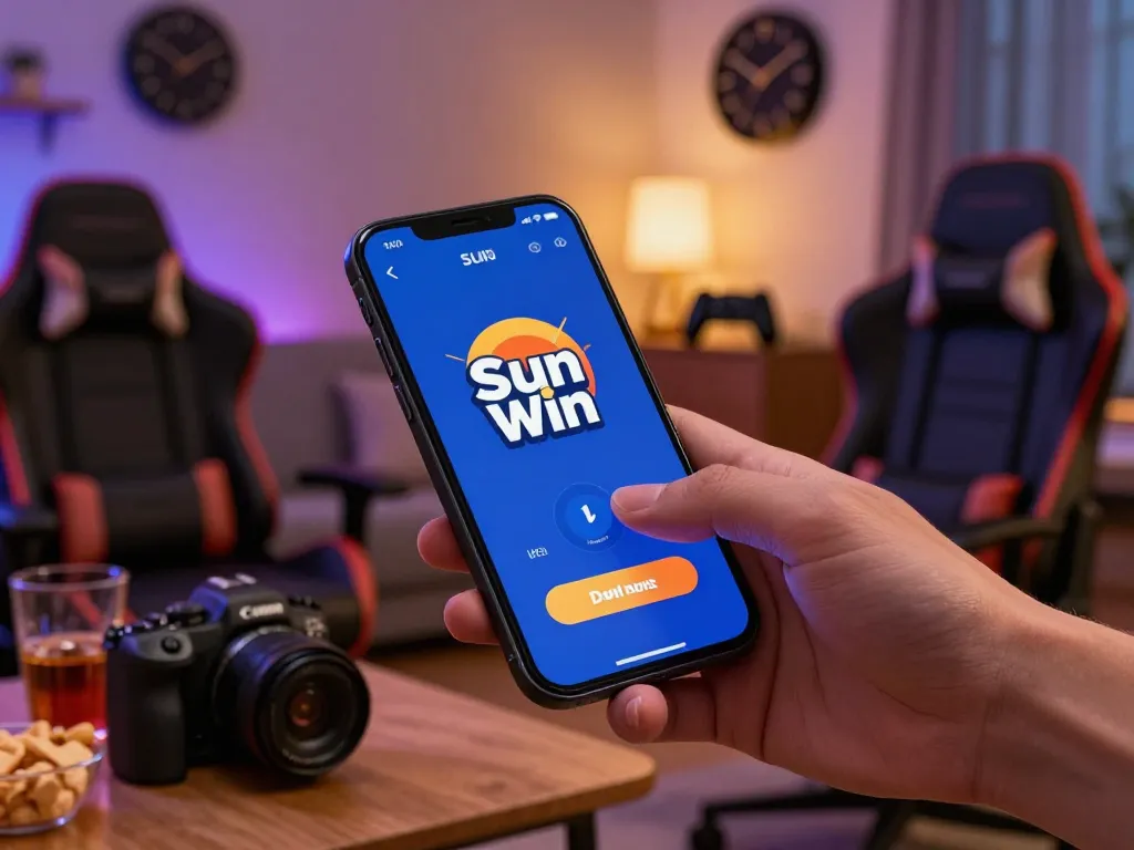 Engaging gaming scene on mobile device as user tải sun win app, set in cozy living room.