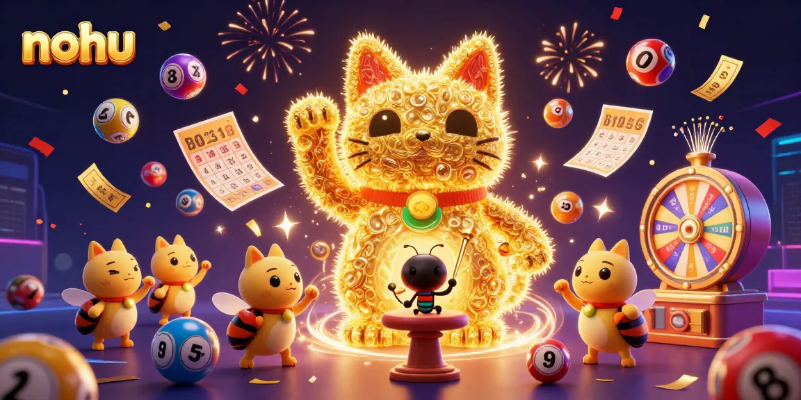 Nohu's colorful lucky cat illustration inspires winning gamblers with vibrant casino symbols and lottery action.
