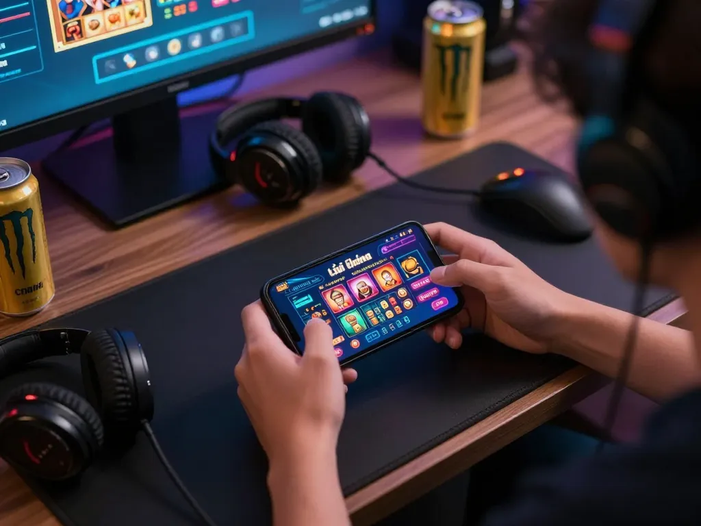 Engaging player enjoying app tài xỉu online on smartphone in stylish home setup, showcasing exciting gameplay.