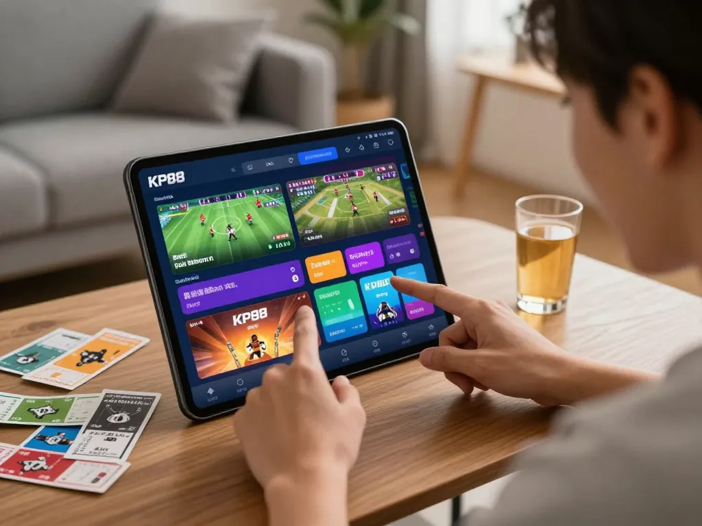 KP88 user placing bets on vibrant sports events through mobile app in a cozy home.