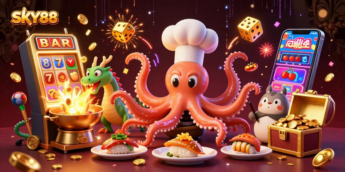 SKY88 players spinning slots and celebrating jackpots with vibrant characters and golden rewards.