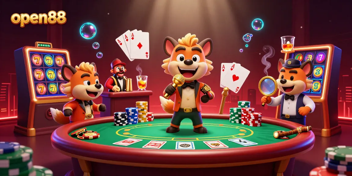 open88 casino hyenas perform comedy as a bouncer checks IDs amidst vibrant slot games